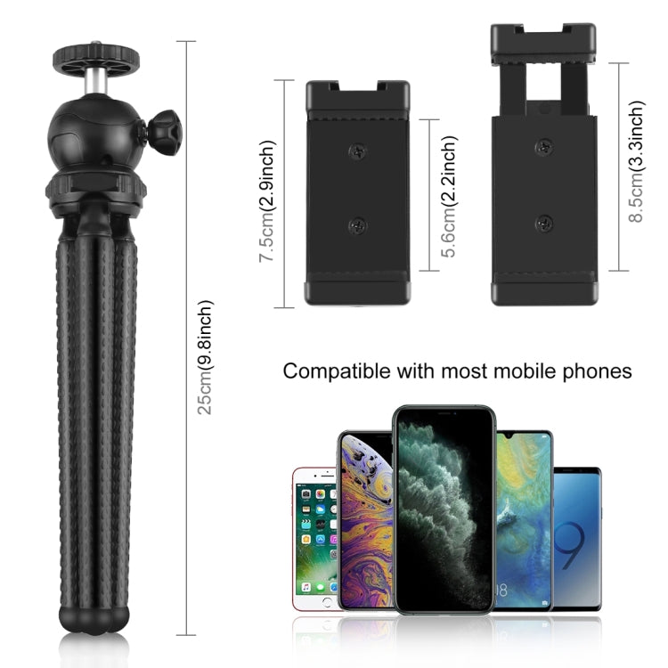 PULUZ Mini Octopus Soporte para trípode flexible con rótula esférica y abrazadera para teléfono + adaptador de montaje para trípode y tornillo largo para cámaras SLR, GoPro, teléfono móvil, tamaño: 25 cm x 4,5 cm, 25cm Tripod + Phone Clamp