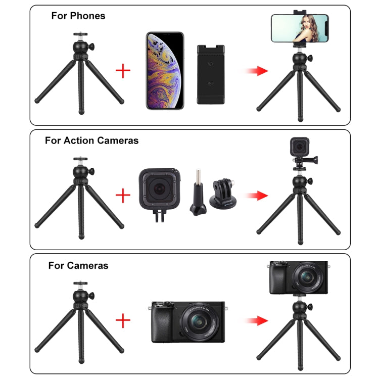 PULUZ Mini Octopus Soporte para trípode flexible con rótula esférica y abrazadera para teléfono + adaptador de montaje para trípode y tornillo largo para cámaras SLR, GoPro, teléfono móvil, tamaño: 25 cm x 4,5 cm, 25cm Tripod + Phone Clamp