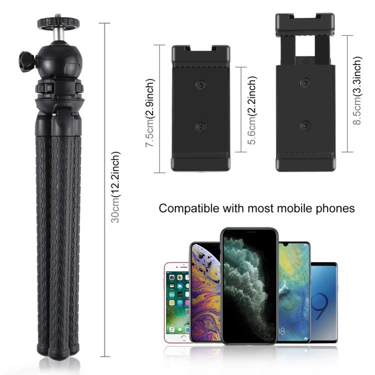 PULUZ Mini Octopus Soporte para trípode flexible con rótula esférica y abrazadera para teléfono + adaptador de montaje para trípode y tornillo largo para cámaras SLR, GoPro, teléfono móvil, tamaño: 30 cm x 5 cm, 30cm Tripod + Phone Clamp