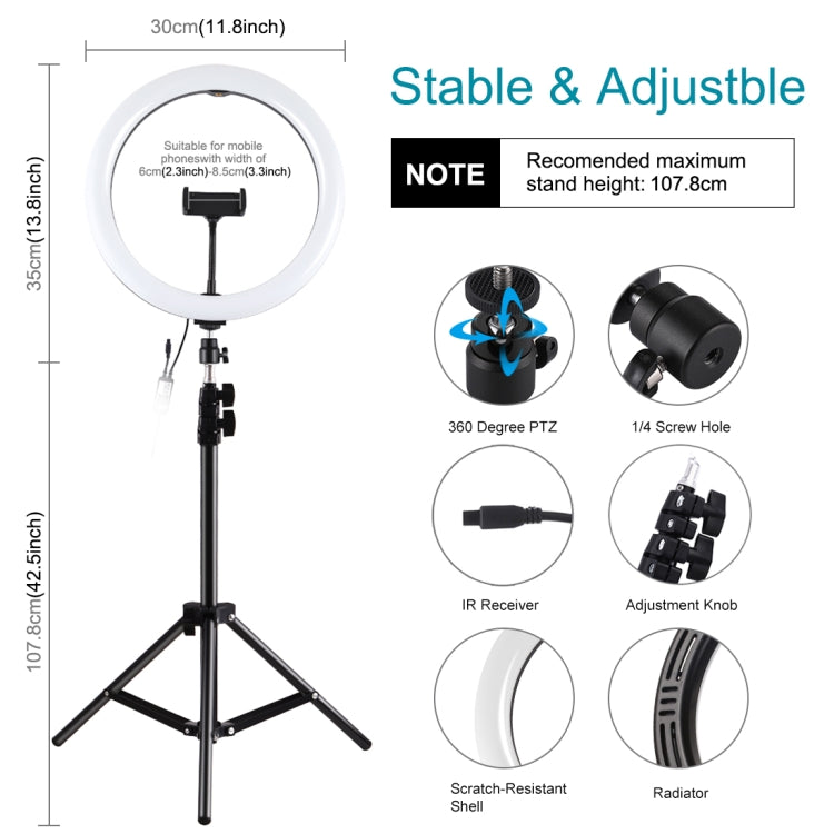 PULUZ 11,8 pulgadas, 30 cm, luz RGB, 1,1 m, montaje en trípode, anillo LED regulable, Vlogging, selfie, fotografía, luces de vídeo, kits de transmisión en vivo con zapata fría, rótula de bola de trípode y abrazadera para teléfono, 12 inch RGB+Tripod(EU...