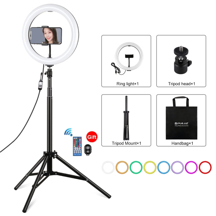 PULUZ Luz RGBW de 10,2 pulgadas, 26 cm + montaje en trípode de 1,65 m Superficie curva USB RGBW Anillo LED regulable Vlogging Luz de video Kits de transmisión en vivo con zapata fría Trípode, abrazadera para teléfono y control remoto                   ...