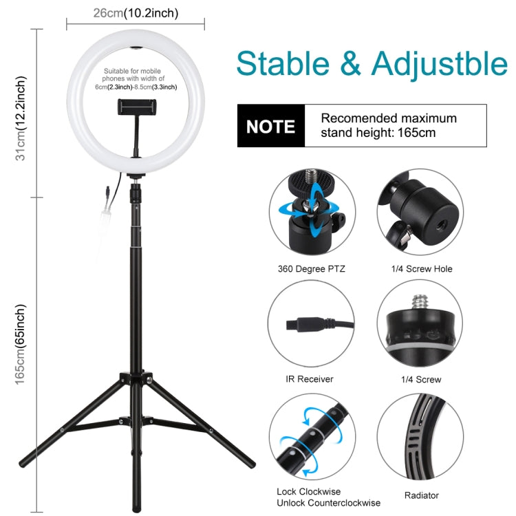 PULUZ Luz RGBW de 10,2 pulgadas, 26 cm + montaje en trípode de 1,65 m Superficie curva USB RGBW Anillo LED regulable Vlogging Luz de video Kits de transmisión en vivo con zapata fría Trípode, abrazadera para teléfono y control remoto                   ...