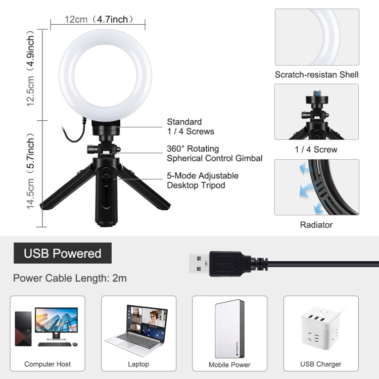 PULUZ 4,7 pulgadas 12 cm USB 3 modos Anillo LED regulable Vlogging Fotografía Luces de vídeo + Kit de montaje de trípode de bolsillo con rótula de bola de trípode de zapata fría, 4.7 inch Light+Pocket Tripod