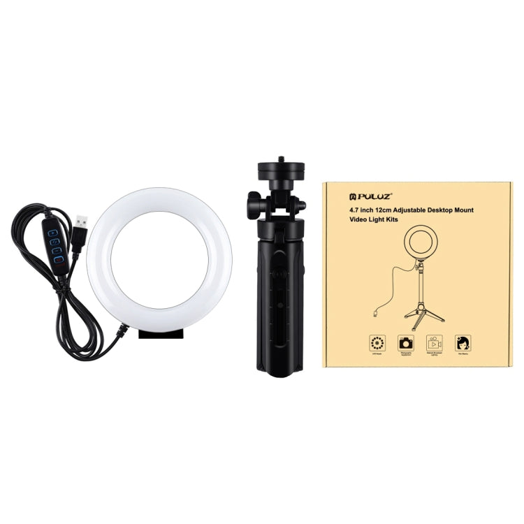 PULUZ 4,7 pulgadas 12 cm USB 3 modos Anillo LED regulable Vlogging Fotografía Luces de vídeo + Kit de montaje de trípode de bolsillo con rótula de bola de trípode de zapata fría, 4.7 inch Light+Pocket Tripod