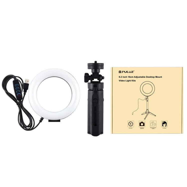 PULUZ 6.2 pulgadas 16 cm USB 3 modos Anillo LED regulable Vlogging Fotografía Luces de video + Kit de montaje de trípode de bolsillo con rótula de bola de trípode de zapata fría, 6.2 inch Light+Pocket Tripod