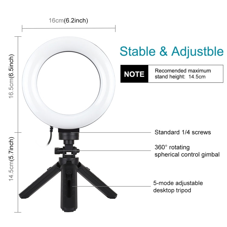 PULUZ 6.2 pulgadas 16 cm USB 3 modos Anillo LED regulable Vlogging Fotografía Luces de video + Kit de montaje de trípode de bolsillo con rótula de bola de trípode de zapata fría, 6.2 inch Light+Pocket Tripod