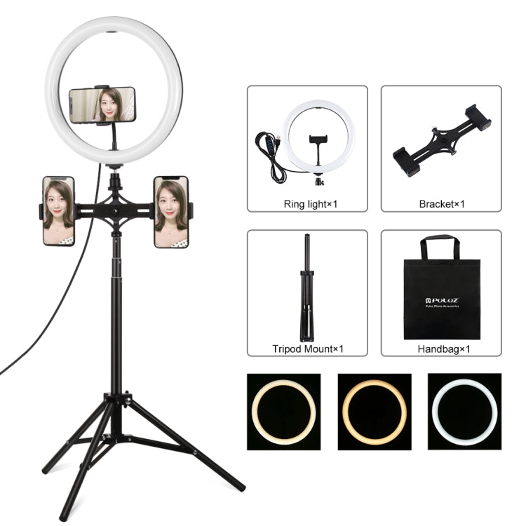 PULUZ Luz de 11,8 pulgadas y 30 cm + Trípode de 1,65 m + Soporte para teléfono dual Superficie curva USB 3 modos Regulable Temperatura de color dual Anillo LED Vlogging Video Light Kits de transmisión en vivo con abrazadera para teléfono               ...