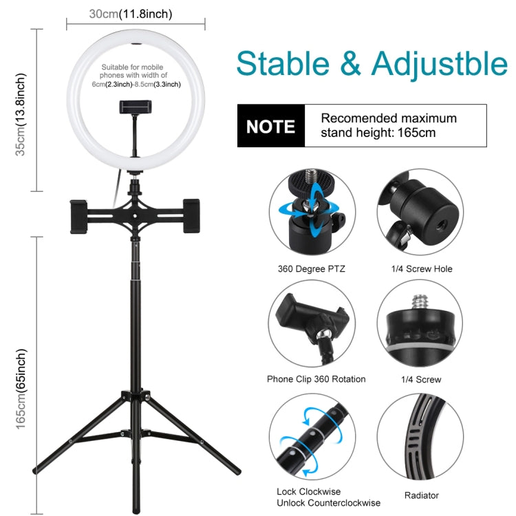 PULUZ Luz de 11,8 pulgadas y 30 cm + Trípode de 1,65 m + Soporte para teléfono dual Superficie curva USB 3 modos Regulable Temperatura de color dual Anillo LED Vlogging Video Light Kits de transmisión en vivo con abrazadera para teléfono               ...