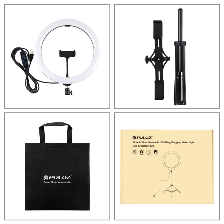PULUZ Luz de 11,8 pulgadas y 30 cm + Trípode de 1,65 m + Soporte para teléfono dual Superficie curva USB 3 modos Regulable Temperatura de color dual Anillo LED Vlogging Video Light Kits de transmisión en vivo con abrazadera para teléfono               ...