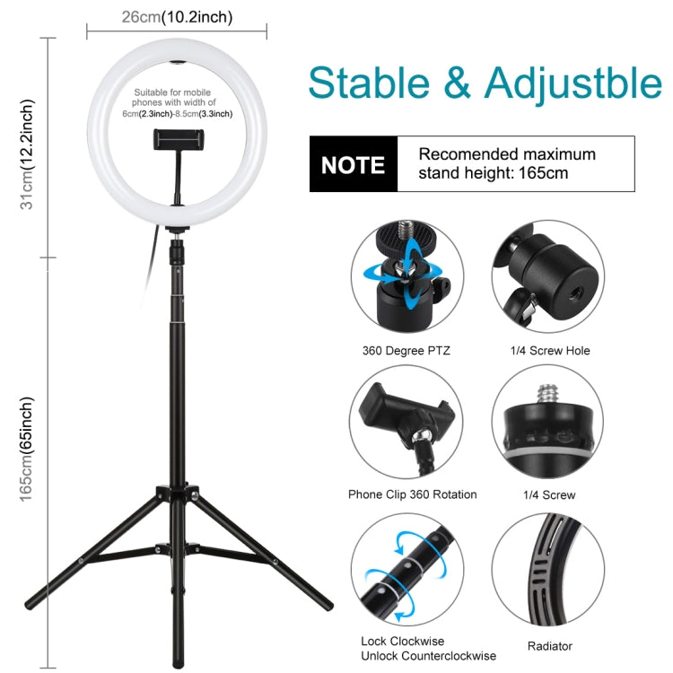 PULUZ Luz de 10,2 pulgadas, 26 cm + Montaje en trípode de 1,65 m Superficie curva USB 3 modos Regulable Anillo de temperatura de doble color Vlogging Video Light Kits de transmisión en vivo con abrazadera para teléfono y control remoto para selfies    ...