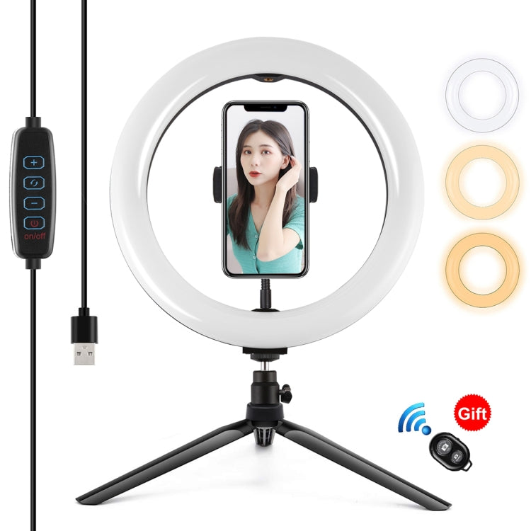 PULUZ 10.2 pulgadas 26 cm Luz + Soporte para trípode de escritorio USB 3 modos Regulable Temperatura de color dual LED Anillo de luz difusa curva Vlogging Selfie Fotografía Luces de video con abrazadera para teléfono, 10.2 inch + Desktop Tripod        ...