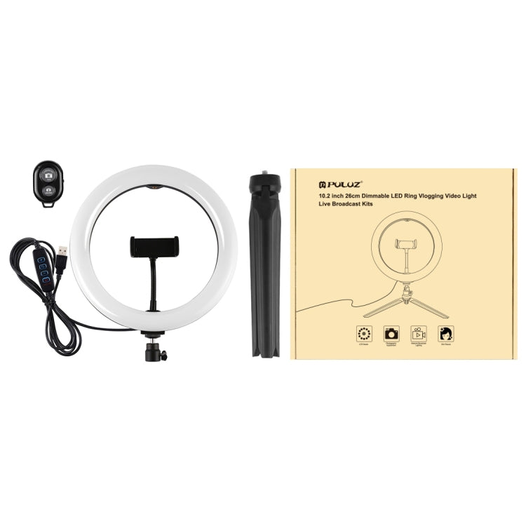 PULUZ 10.2 pulgadas 26 cm Luz + Soporte para trípode de escritorio USB 3 modos Regulable Temperatura de color dual LED Anillo de luz difusa curva Vlogging Selfie Fotografía Luces de video con abrazadera para teléfono, 10.2 inch + Desktop Tripod        ...