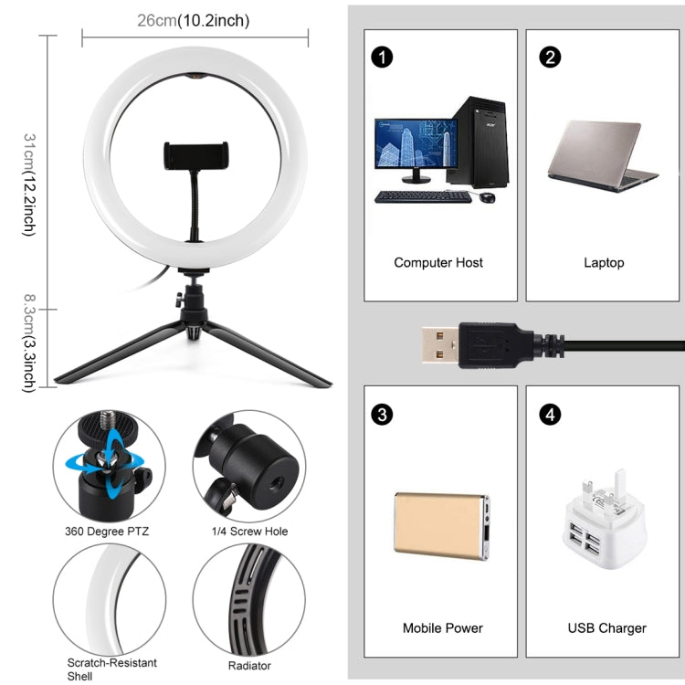 PULUZ 10.2 pulgadas 26 cm Luz + Soporte para trípode de escritorio USB 3 modos Regulable Temperatura de color dual LED Anillo de luz difusa curva Vlogging Selfie Fotografía Luces de video con abrazadera para teléfono, 10.2 inch + Desktop Tripod        ...