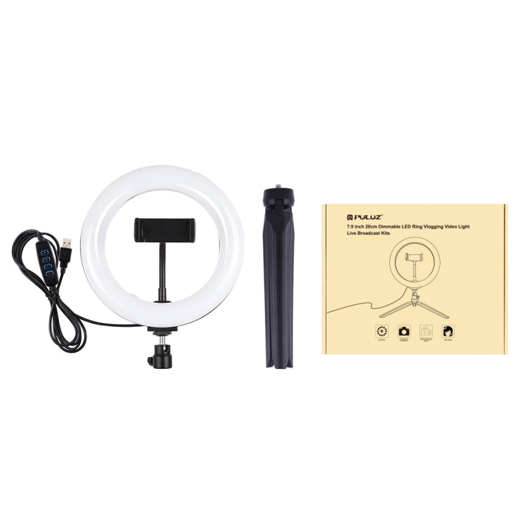 PULUZ 7.9 pulgadas 20 cm Luz + Soporte para trípode de escritorio USB 3 modos Regulable Temperatura de color dual Anillo de luz LED curvado Vlogging Selfie Fotografía de belleza Luces de video con abrazadera para teléfono, 7.9 inch + Desktop Tripod    ...