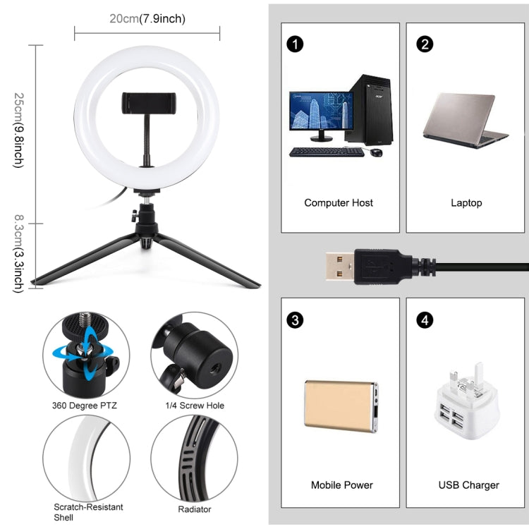 PULUZ 7.9 pulgadas 20 cm Luz + Soporte para trípode de escritorio USB 3 modos Regulable Temperatura de color dual Anillo de luz LED curvado Vlogging Selfie Fotografía de belleza Luces de video con abrazadera para teléfono, 7.9 inch + Desktop Tripod    ...