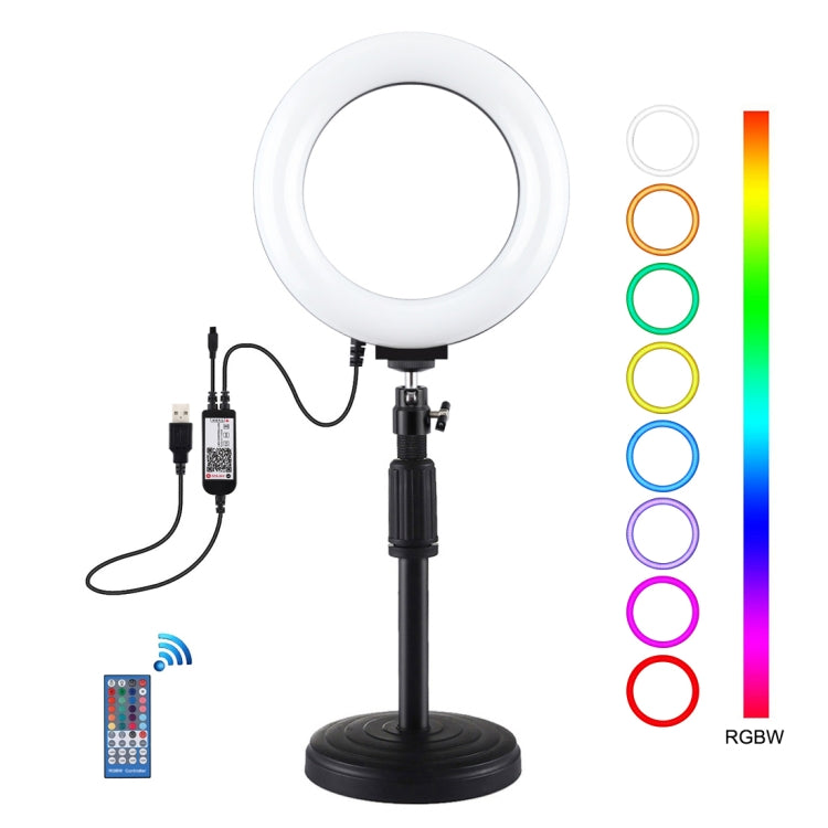 PULUZ Luz RGBW de 6,2 pulgadas y 16 cm + soporte de escritorio con base redonda Anillo LED regulable por USB Vlogging Fotografía Luces de video con zapata fría Trípode con rótula de bola y control remoto, Desktop Mount + 6.2 inch RGBW / Remote