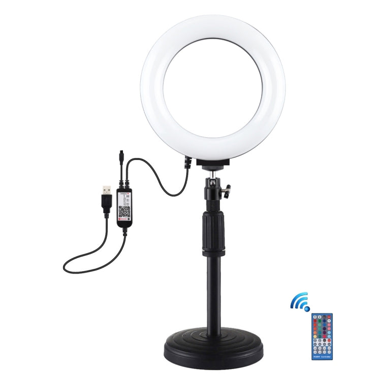 PULUZ Luz RGBW de 6,2 pulgadas y 16 cm + soporte de escritorio con base redonda Anillo LED regulable por USB Vlogging Fotografía Luces de video con zapata fría Trípode con rótula de bola y control remoto, Desktop Mount + 6.2 inch RGBW / Remote