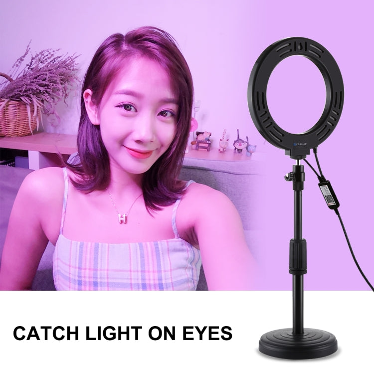 PULUZ Luz RGBW de 6,2 pulgadas y 16 cm + soporte de escritorio con base redonda Anillo LED regulable por USB Vlogging Fotografía Luces de video con zapata fría Trípode con rótula de bola y control remoto, Desktop Mount + 6.2 inch RGBW / Remote