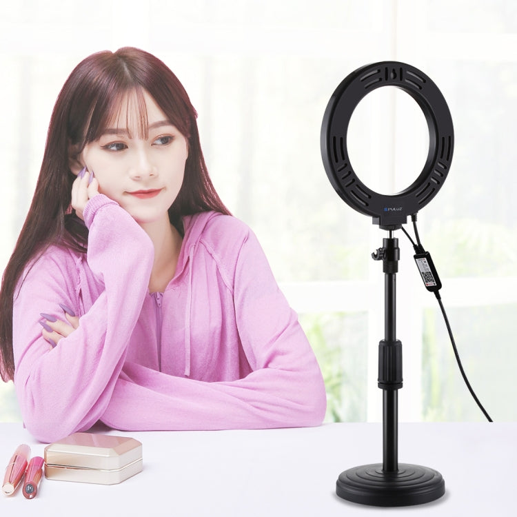 PULUZ Luz RGBW de 6,2 pulgadas y 16 cm + soporte de escritorio con base redonda Anillo LED regulable por USB Vlogging Fotografía Luces de video con zapata fría Trípode con rótula de bola y control remoto, Desktop Mount + 6.2 inch RGBW / Remote