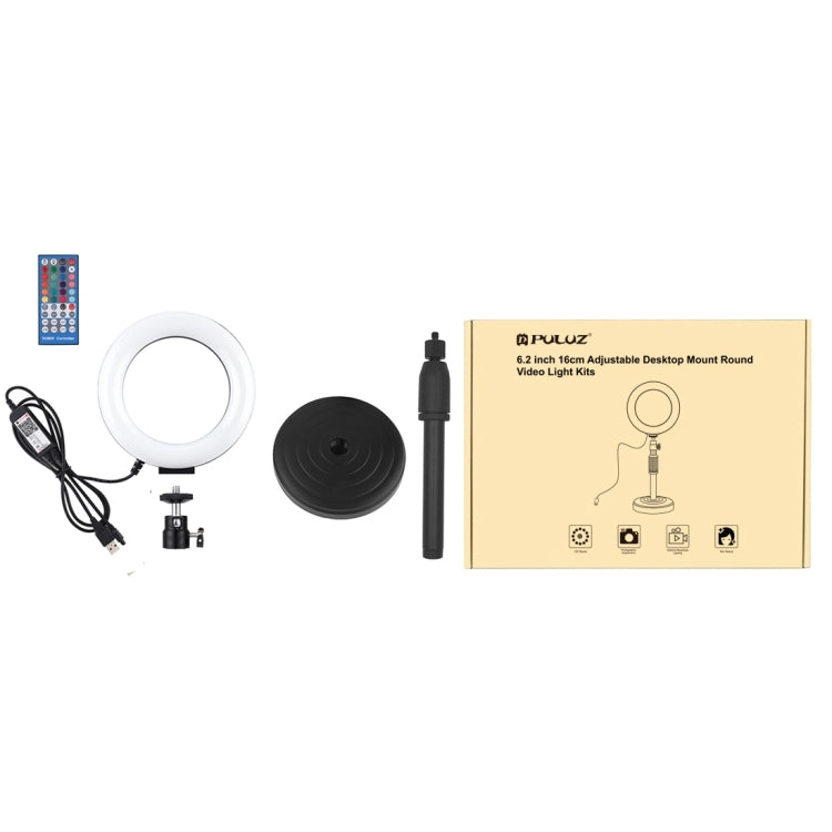 PULUZ Luz RGBW de 6,2 pulgadas y 16 cm + soporte de escritorio con base redonda Anillo LED regulable por USB Vlogging Fotografía Luces de video con zapata fría Trípode con rótula de bola y control remoto, Desktop Mount + 6.2 inch RGBW / Remote