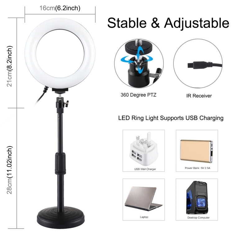 PULUZ Luz RGBW de 6,2 pulgadas y 16 cm + soporte de escritorio con base redonda Anillo LED regulable por USB Vlogging Fotografía Luces de video con zapata fría Trípode con rótula de bola y control remoto, Desktop Mount + 6.2 inch RGBW / Remote