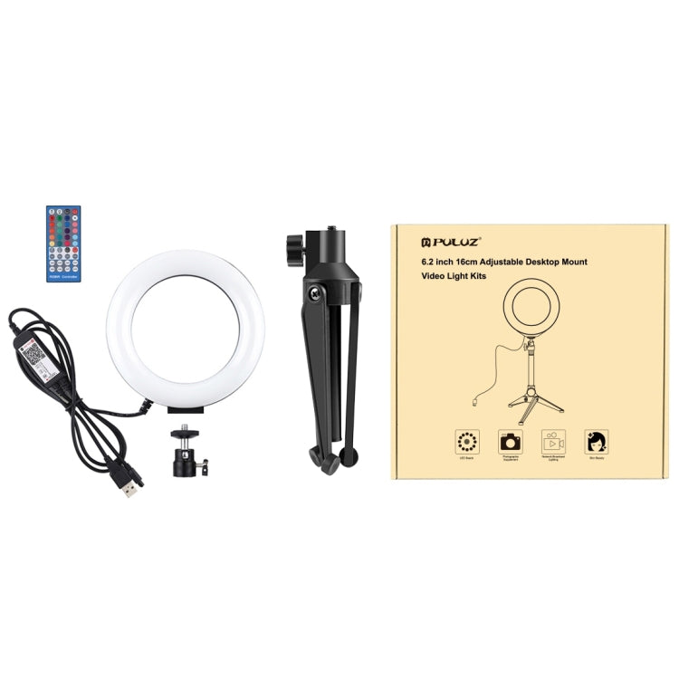 PULUZ Luz RGBW de 6,2 pulgadas y 16 cm + soporte para trípode de escritorio + anillo LED regulable USB Vlogging fotografía luces de vídeo con cabezal de bola de trípode de zapata fría y control remoto, Tripod Mount + 6.2 inch RGBW / Remote