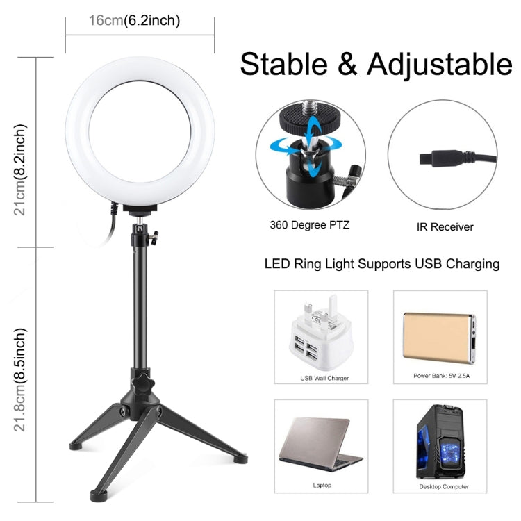 PULUZ Luz RGBW de 6,2 pulgadas y 16 cm + soporte para trípode de escritorio + anillo LED regulable USB Vlogging fotografía luces de vídeo con cabezal de bola de trípode de zapata fría y control remoto, Tripod Mount + 6.2 inch RGBW / Remote