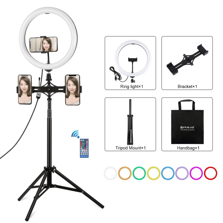 PULUZ Luz RGBW de 11,8 pulgadas y 30 cm + soporte de 1,65 m + soportes duales para teléfono Superficie curva Anillo LED regulable RGBW Luz para selfies Vlogging Kits de transmisión en vivo con adaptador de trípode de zapata fría, abrazadera para teléfo...