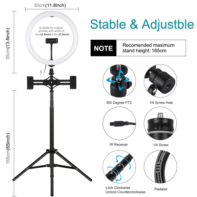 PULUZ Luz RGBW de 11,8 pulgadas y 30 cm + soporte de 1,65 m + soportes duales para teléfono Superficie curva Anillo LED regulable RGBW Luz para selfies Vlogging Kits de transmisión en vivo con adaptador de trípode de zapata fría, abrazadera para teléfo...