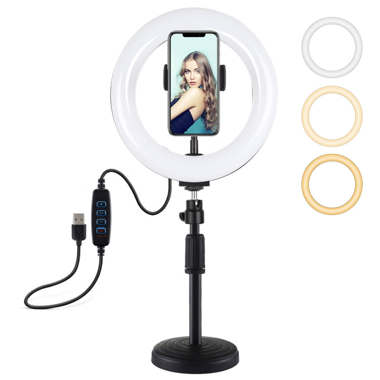 PULUZ 7.9 pulgadas 20 cm Luz + Base redonda Soporte de escritorio USB 3 modos Regulable Temperatura de color dual LED Anillo de luz curva Vlogging Selfie Fotografía Luces de video con abrazadera para teléfono, 7.9 inch+Desktop Mount