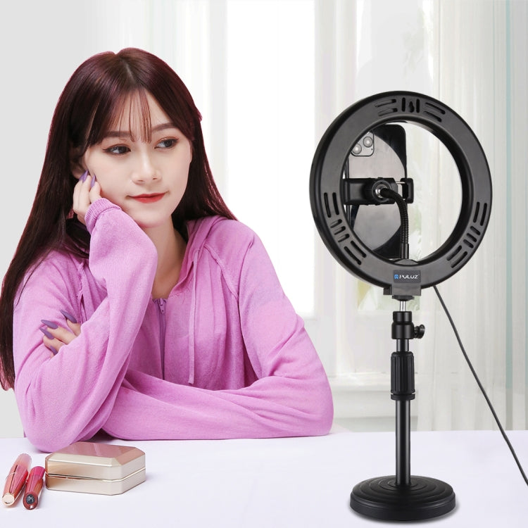 PULUZ 7.9 pulgadas 20 cm Luz + Base redonda Soporte de escritorio USB 3 modos Regulable Temperatura de color dual LED Anillo de luz curva Vlogging Selfie Fotografía Luces de video con abrazadera para teléfono, 7.9 inch+Desktop Mount