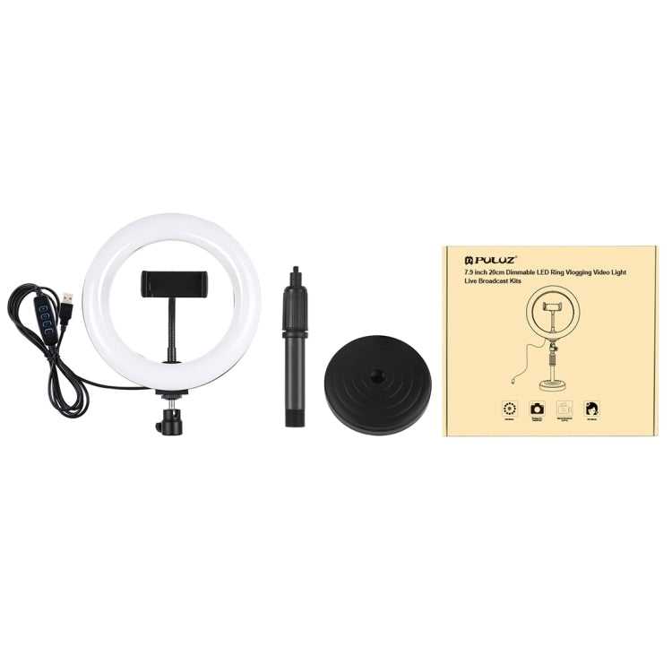 PULUZ 7.9 pulgadas 20 cm Luz + Base redonda Soporte de escritorio USB 3 modos Regulable Temperatura de color dual LED Anillo de luz curva Vlogging Selfie Fotografía Luces de video con abrazadera para teléfono, 7.9 inch+Desktop Mount