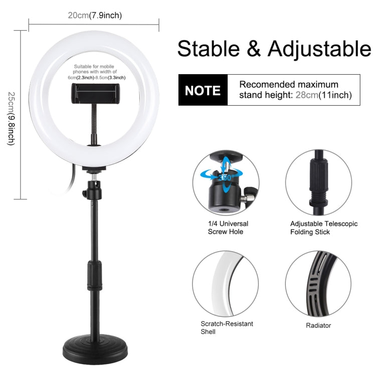 PULUZ 7.9 pulgadas 20 cm Luz + Base redonda Soporte de escritorio USB 3 modos Regulable Temperatura de color dual LED Anillo de luz curva Vlogging Selfie Fotografía Luces de video con abrazadera para teléfono, 7.9 inch+Desktop Mount
