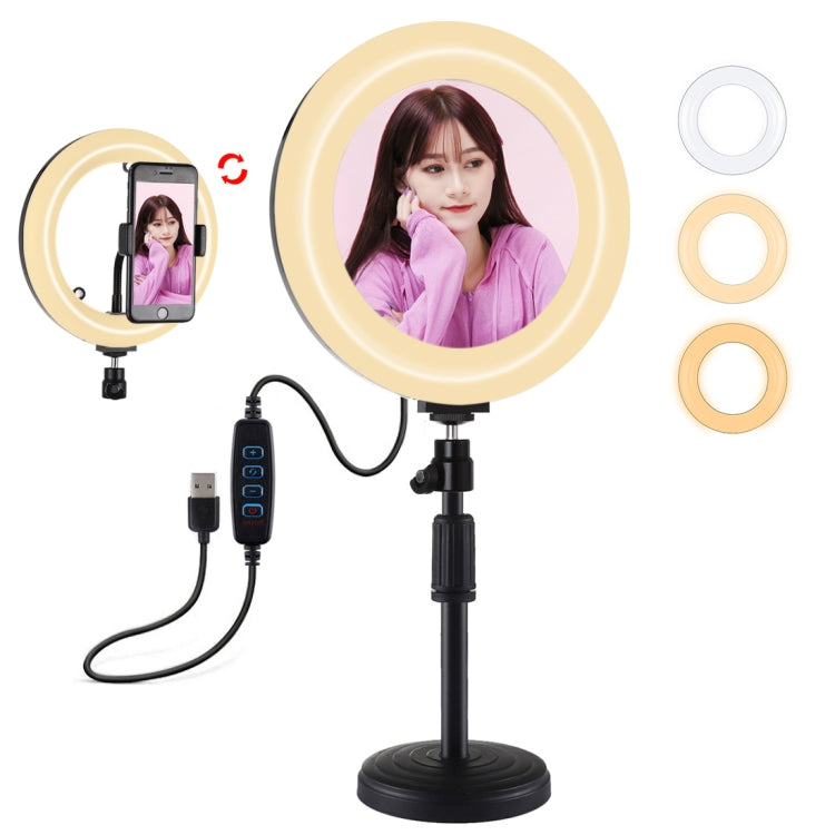 PULUZ 7,9 pulgadas 20 cm Luz de espejo + Base redonda Soporte de escritorio 3 modos Regulable Temperatura de color dual LED Anillo de luz curva Vlogging Selfie Fotografía Luces de video con abrazadera para teléfono, 7.9 inch+Desktop Mount+Mirror