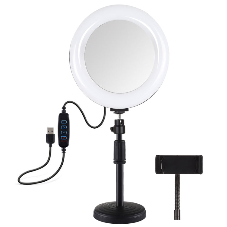 PULUZ 7,9 pulgadas 20 cm Luz de espejo + Base redonda Soporte de escritorio 3 modos Regulable Temperatura de color dual LED Anillo de luz curva Vlogging Selfie Fotografía Luces de video con abrazadera para teléfono, 7.9 inch+Desktop Mount+Mirror
