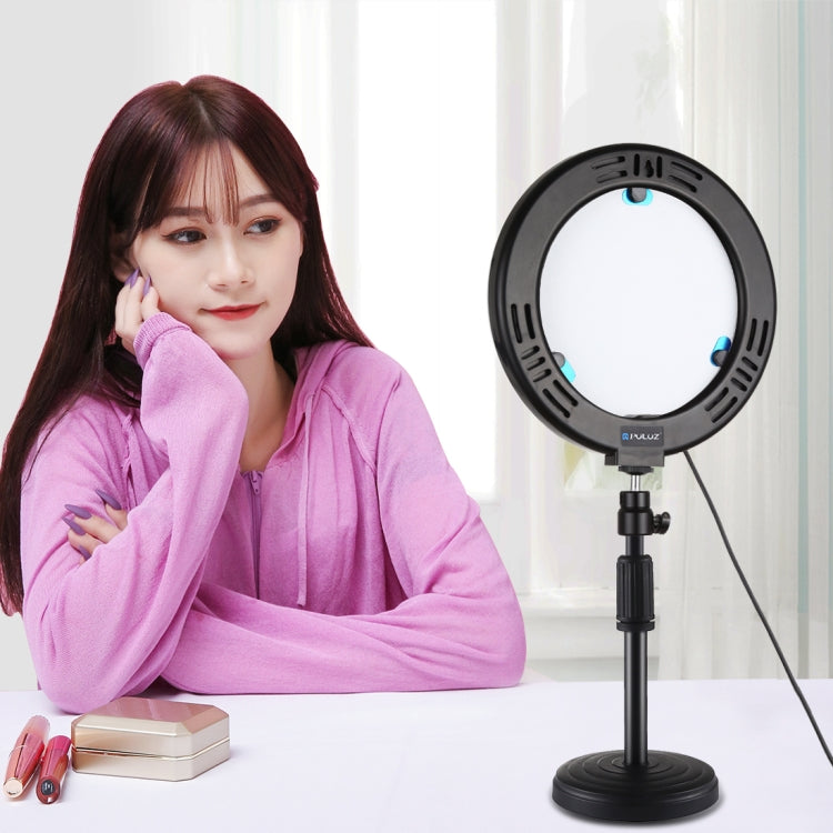 PULUZ 7,9 pulgadas 20 cm Luz de espejo + Base redonda Soporte de escritorio 3 modos Regulable Temperatura de color dual LED Anillo de luz curva Vlogging Selfie Fotografía Luces de video con abrazadera para teléfono, 7.9 inch+Desktop Mount+Mirror