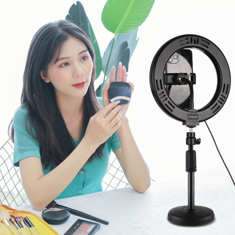 PULUZ 7,9 pulgadas 20 cm Luz de espejo + Base redonda Soporte de escritorio 3 modos Regulable Temperatura de color dual LED Anillo de luz curva Vlogging Selfie Fotografía Luces de video con abrazadera para teléfono, 7.9 inch+Desktop Mount+Mirror