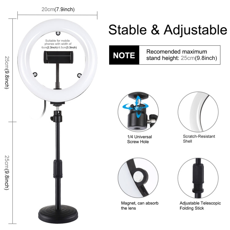 PULUZ 7,9 pulgadas 20 cm Luz de espejo + Base redonda Soporte de escritorio 3 modos Regulable Temperatura de color dual LED Anillo de luz curva Vlogging Selfie Fotografía Luces de video con abrazadera para teléfono, 7.9 inch+Desktop Mount+Mirror