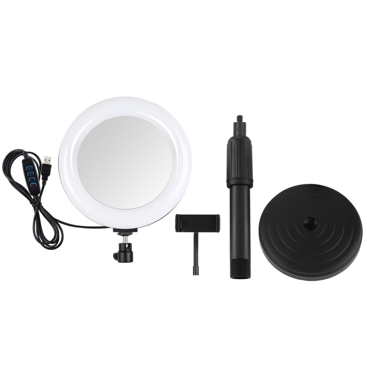 PULUZ 7,9 pulgadas 20 cm Luz de espejo + Base redonda Soporte de escritorio 3 modos Regulable Temperatura de color dual LED Anillo de luz curva Vlogging Selfie Fotografía Luces de video con abrazadera para teléfono, 7.9 inch+Desktop Mount+Mirror