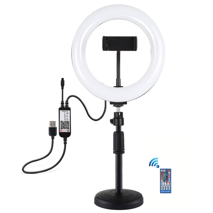 PULUZ 7,9 pulgadas 20 cm Luz RGBW + Base redonda Montaje de escritorio LED regulable Temperatura de color dual Anillo de luz LED curvado Vlogging Selfie Fotografía Luces de video con abrazadera para teléfono, 7.9 inch + Round Mount