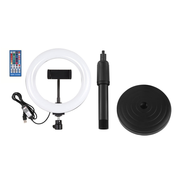 PULUZ 7,9 pulgadas 20 cm Luz RGBW + Base redonda Montaje de escritorio LED regulable Temperatura de color dual Anillo de luz LED curvado Vlogging Selfie Fotografía Luces de video con abrazadera para teléfono, 7.9 inch + Round Mount