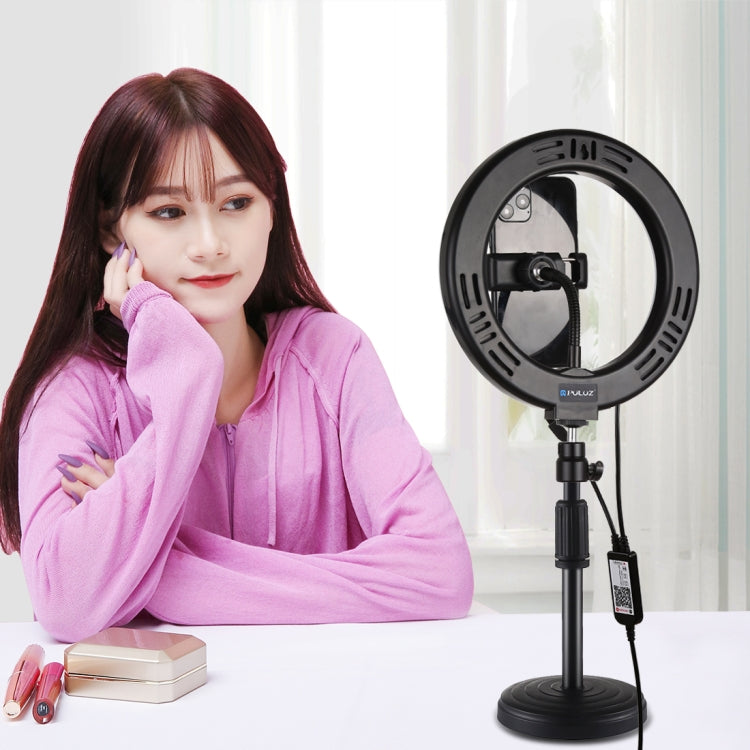 PULUZ 7,9 pulgadas 20 cm Luz RGBW + Base redonda Montaje de escritorio LED regulable Temperatura de color dual Anillo de luz LED curvado Vlogging Selfie Fotografía Luces de video con abrazadera para teléfono, 7.9 inch + Round Mount
