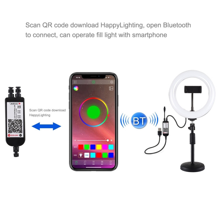 PULUZ 7,9 pulgadas 20 cm Luz RGBW + Base redonda Montaje de escritorio LED regulable Temperatura de color dual Anillo de luz LED curvado Vlogging Selfie Fotografía Luces de video con abrazadera para teléfono, 7.9 inch + Round Mount