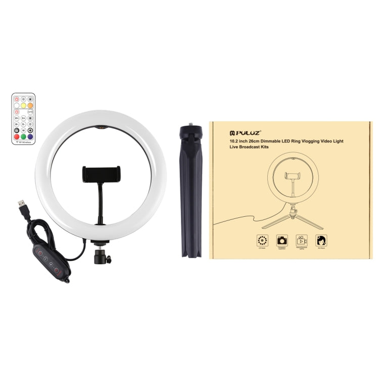 PULUZ 10.2 pulgadas 26 cm Carpa LED RGBWW Luz de belleza para selfies + Soporte para trípode de escritorio 168 LED Anillo regulable con temperatura de doble color Vlogging Fotografía Luces de video con zapata fría Trípode, rótula de bola, control remot...