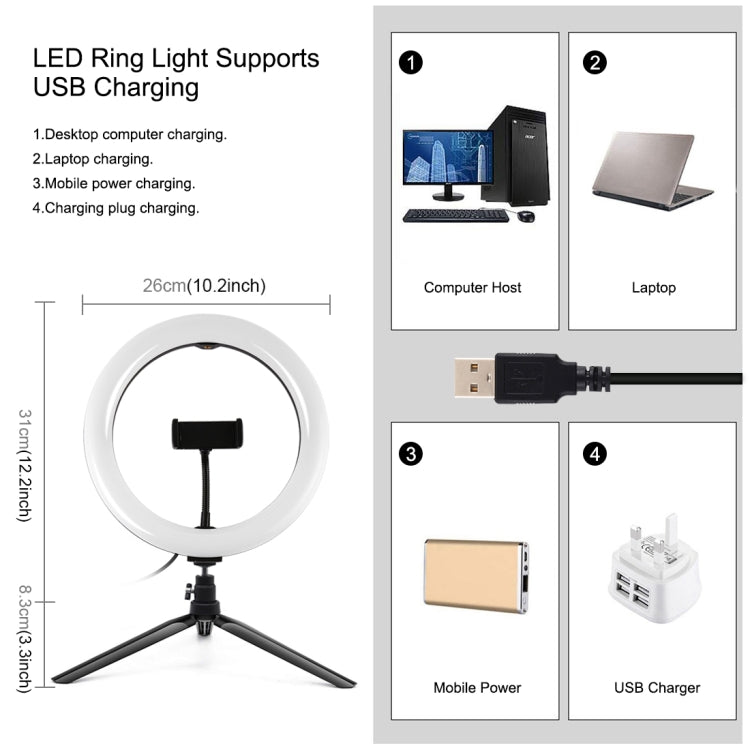 PULUZ 10.2 pulgadas 26 cm Carpa LED RGBWW Luz de belleza para selfies + Soporte para trípode de escritorio 168 LED Anillo regulable con temperatura de doble color Vlogging Fotografía Luces de video con zapata fría Trípode, rótula de bola, control remot...