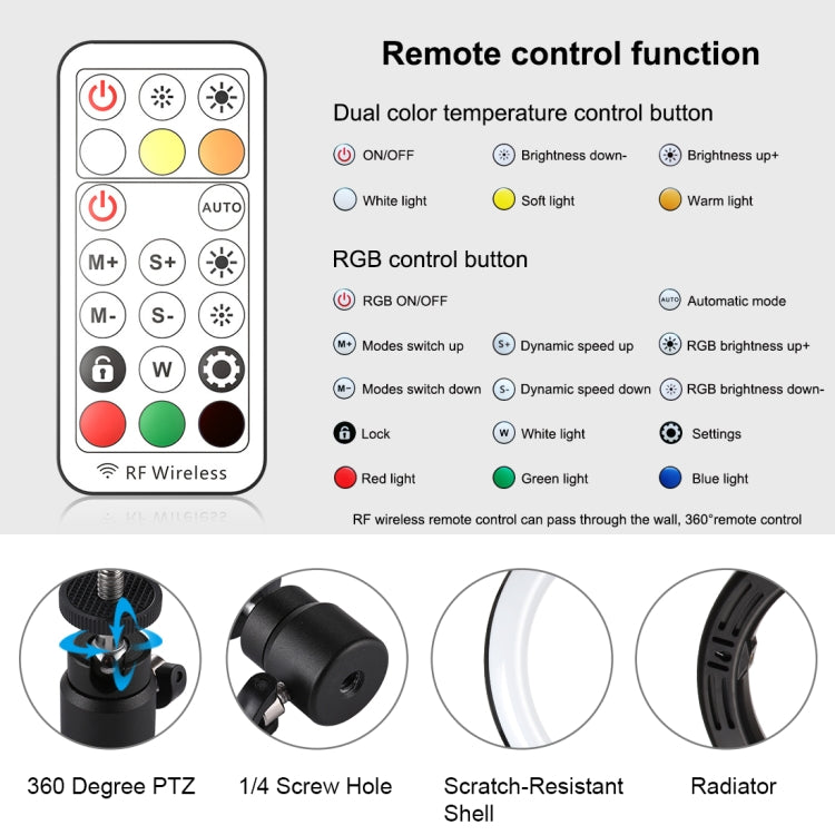 PULUZ 10.2 pulgadas 26 cm Carpa LED RGBWW Luz de belleza para selfies + Soporte para trípode de escritorio 168 LED Anillo regulable con temperatura de doble color Vlogging Fotografía Luces de video con zapata fría Trípode, rótula de bola, control remot...