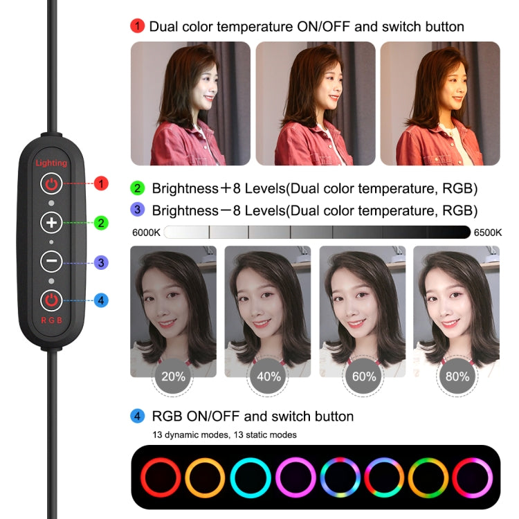 PULUZ 10.2 pulgadas 26 cm Carpa LED RGBWW Luz de belleza para selfies + Soporte para trípode de escritorio 168 LED Anillo regulable con temperatura de doble color Vlogging Fotografía Luces de video con zapata fría Trípode, rótula de bola, control remot...