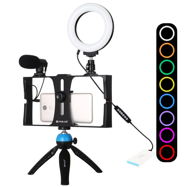 PULUZ 4 en 1 Vlogging Transmisión en vivo Equipo de video para teléfono inteligente + Anillo RGBW de 4,7 pulgadas y 12 cm Luz LED para selfies + Micrófono + Kits de montaje para trípode de bolsillo con cabezal de trípode con zapata fría, 4-in-1        ...