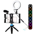PULUZ 4 en 1 Vlogging Transmisión en vivo Equipo de video para teléfono inteligente + Anillo RGBW de 4,7 pulgadas y 12 cm Luz LED para selfies + Micrófono + Kits de montaje para trípode de bolsillo con cabezal de trípode con zapata fría, 4-in-1        ...