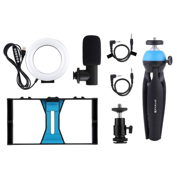 PULUZ 4 en 1 Vlogging Transmisión en vivo Equipo de video para teléfono inteligente + Anillo RGBW de 4,7 pulgadas y 12 cm Luz LED para selfies + Micrófono + Kits de montaje para trípode de bolsillo con cabezal de trípode con zapata fría, 4-in-1        ...